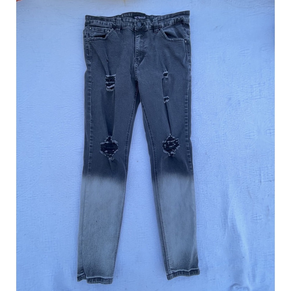 Victorious Men's Casual Ankle Zip Distressed Dip Dyed Denim Jeans size 34 Hip
